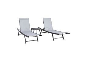 Lounge chair set ARIO grey, 2 lounge chairs 63x187xH40cm, table 43x43xH40cm, steel, textile seat