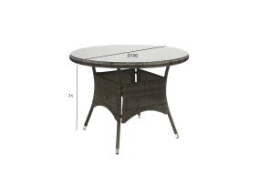 Table WICKER D100xH71cm, table top: transparent glass, aluminum frame with plastic braid, color: dark brown