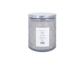Glass candle ROMANTIC TIMES H9cm, pearl gray, vanilla and cinnamon