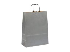 Paper bag with paper ribbon handle 320x140x420 mm, 100 gsm, silver kraft paper