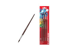 Brushes ErichKrause Jolly Friends for watercolor and gouache, pony, 4 pieces (in blister)