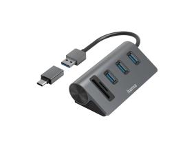 Hama USB Hub, 3x USB-A 3.2 Gen 1, SD, microSD, USB-C Adapter, must/hall - USB jagaja