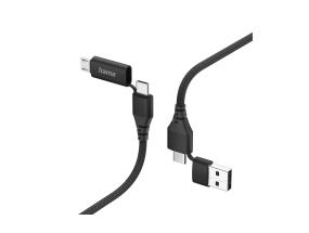 Hama 4-in-1 USB-C/USB-A - USB-C/Micro-USB, 1,5 m, nylon, must - Kaabel