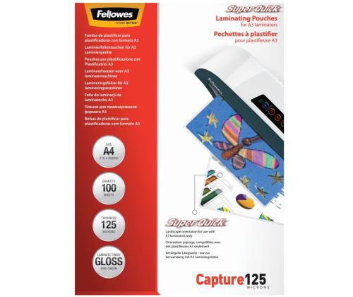 Lamineerimiskile A4 125mic FELLOWES SuperQuick 100 lehte
