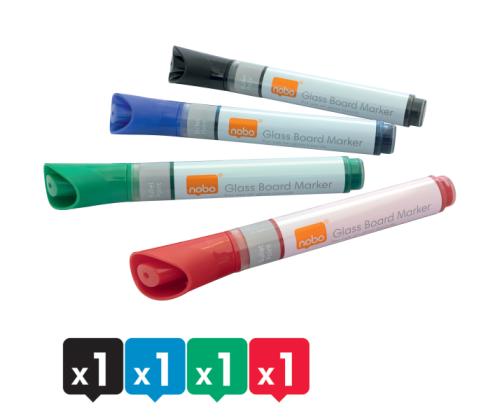 Klaastahvlimarkeri komplekt NOBO Glass 4 värvi pakis