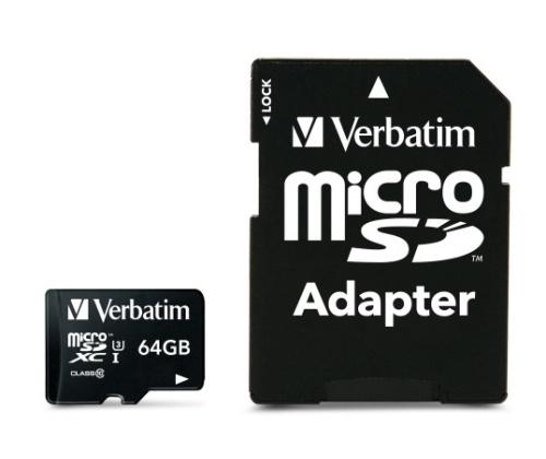 Verbatim 47042 Pro U3 Micro SDXC Memory Card 64GB + microSD to SD Adapter