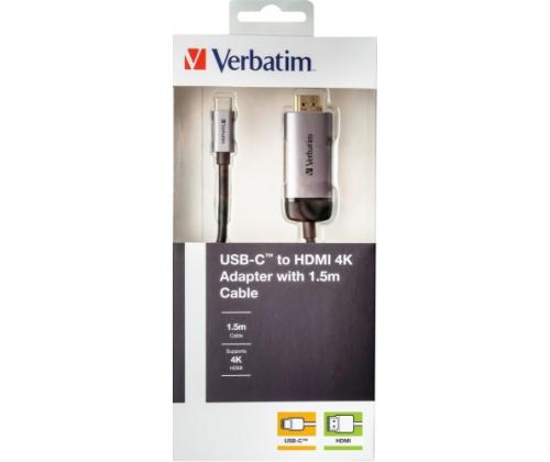Verbatim 49144 USB-C to HDMI 4K Adapter, USB 3.1 GEN 1, HDMI 4K (60Hz), 1.5m Cable, Grey/Black