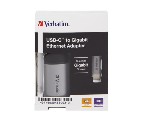 Verbatim 49146 USB-C to Gigabit Ethernet Adapter, USB 3.1 GEN 1, Gigabit Ethernet, Grey/Black
