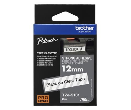 Brother TZe-S131 (TZeS131) Labelling Tape, Strong Adhesive, Black on Clear, 12mm 8m