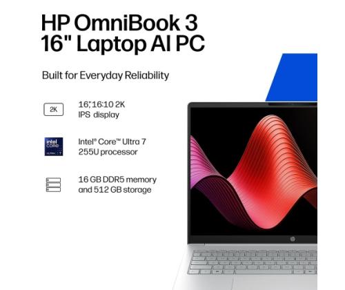 HP OmniBook 3 16'' WUXGA Intel Core Ultra 7 255U (2025) 16GB 512GB SSD W11H, Glacier Silver
