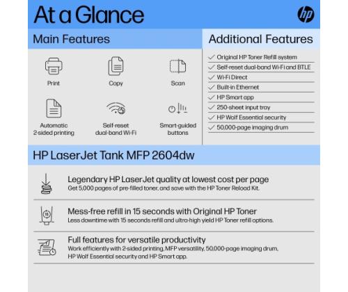 HP LaserJet Tank MFP 2604DW Printer Laser B/W MFP A4 22 ppm USB Wi-Fi Ethernet LAN