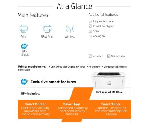 HP LaserJet M110we Printer Laser B/W A4 20 ppm USB Wi-Fi Ethernet LAN Bluetooth (SPEC)
