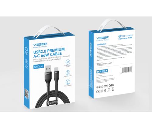 Veger Cable USB-A to USB-C PD 11V 6A 66W AC04 1.2m, Black