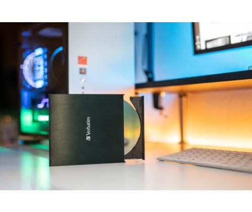 Verbatim 43886 External Slimline CD/DVD Writer External Optical Drive, USB-C/USB-A, Black