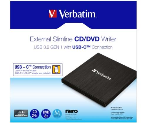 Verbatim 43886 External Slimline CD/DVD Writer External Optical Drive, USB-C/USB-A, Black