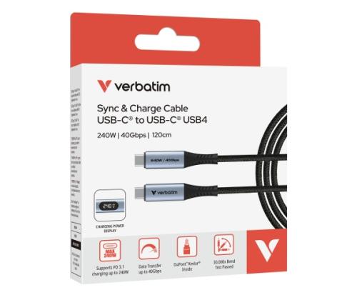 Verbatim 31849 Sync &amp; Charge Cable USB-C to USB-C 240W 40Gbps 120cm, Power Display, Grey/Black