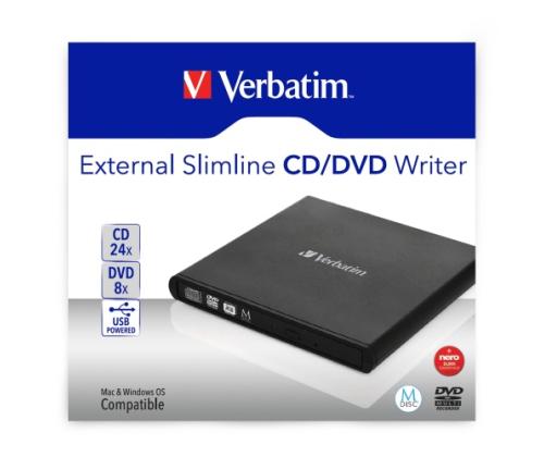 Verbatim 98938 External Slimline CD/DVD Writer External Optical Drive, USB-A, Black