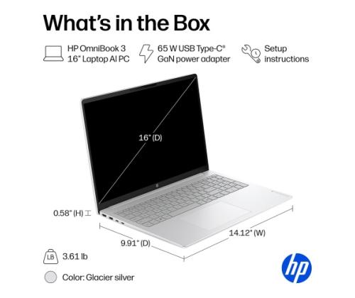 HP OmniBook 3 16'' WUXGA Intel Core Ultra 7 255U (2025) 16GB 512GB SSD W11H, Glacier Silver