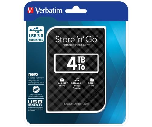 Verbatim 53223 Store 'n' Go USB 3.0 Portable Hard Drive HDD 4TB, up to 4800 Mbit/s 5400rpm, Black