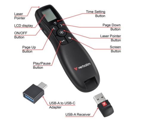 Verbatim 32364 Keynote Wireless Presenter with LCD Display and Red Laser Pointer, Black