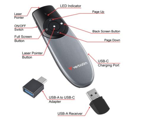 Verbatim 32365 Focus Wireless Presenter with Red Laser Pointer, Grey/Black