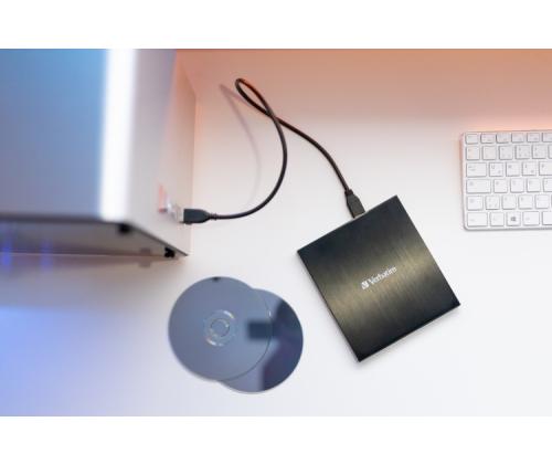 Verbatim 43886 External Slimline CD/DVD Writer External Optical Drive, USB-C/USB-A, Black