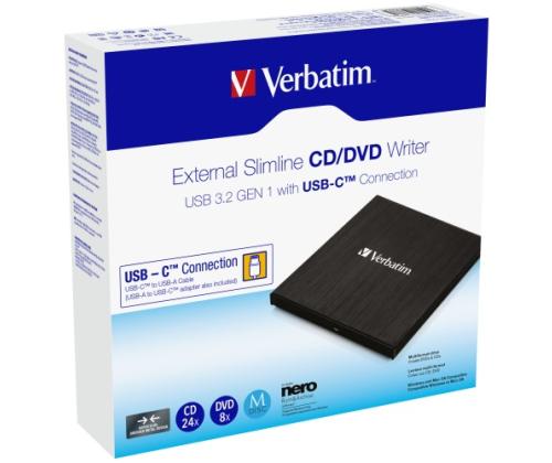 Verbatim 43886 External Slimline CD/DVD Writer External Optical Drive, USB-C/USB-A, Black