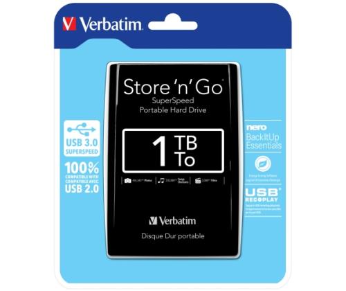 Verbatim 53023 Store 'n' Go USB 3.0 Portable Hard Drive HDD 1TB, up to 4800 Mbit/s 5400rpm, Black