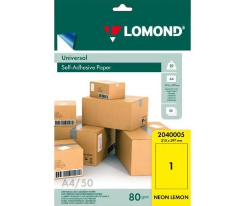 Lomond Self-Adhesive Paper Universal Labels, 1/210x297, A4, 50 sheets, Lemon neon