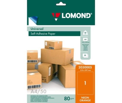 Lomond Self-Adhesive Paper Universal Labels, 1/210x297, A4, 50 sheets, Orange neon
