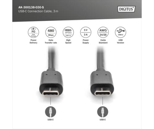 Digitus AK-300138-030-S USB-C Cable, USB-C 2.0 Male į USB-C 2.0 Male, 3 m, Black