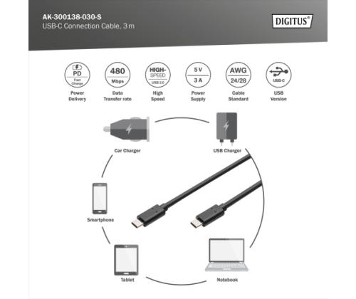 Digitus AK-300138-030-S USB-C Cable, USB-C 2.0 Male į USB-C 2.0 Male, 3 m, Black