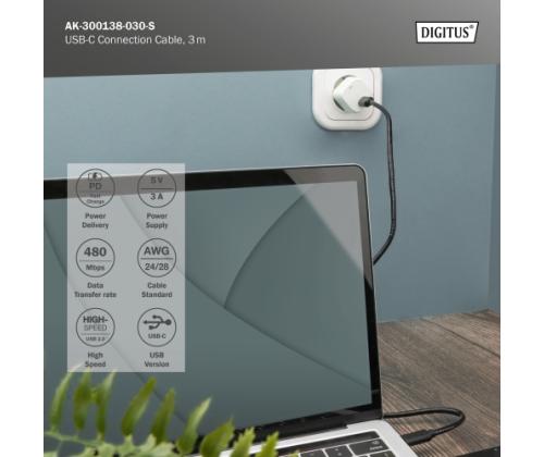 Digitus AK-300138-030-S USB-C Cable, USB-C 2.0 Male į USB-C 2.0 Male, 3 m, Black
