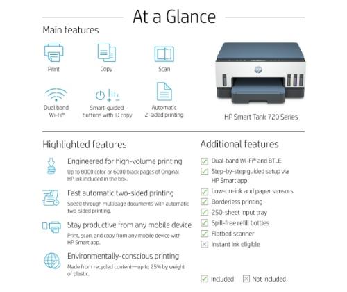 HP Smart Tank 720 AiO Printer Inkjet Colour MFP A4 15 ppm USB Wi-Fi