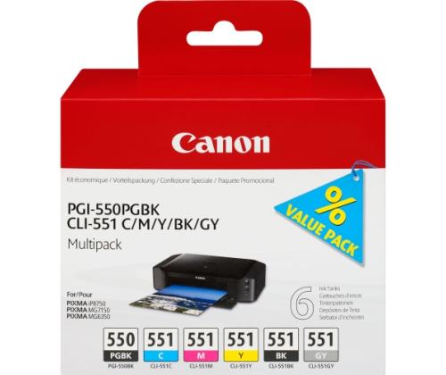 Canon PGI-550/CLI-551 (6496B005) 6 Ink Cartridge Multipack, PGBK/C/M/Y/BK/GY