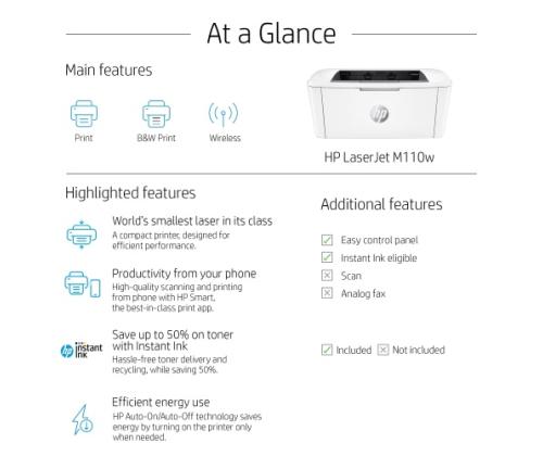 HP LaserJet M110w Printer Laser B/W A4 20 ppm USB Wi-Fi