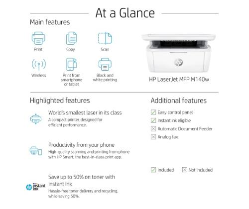 HP LaserJet M140w Printer Laser B/W MFP A4 20 ppm USB Wi-Fi Bluetooth