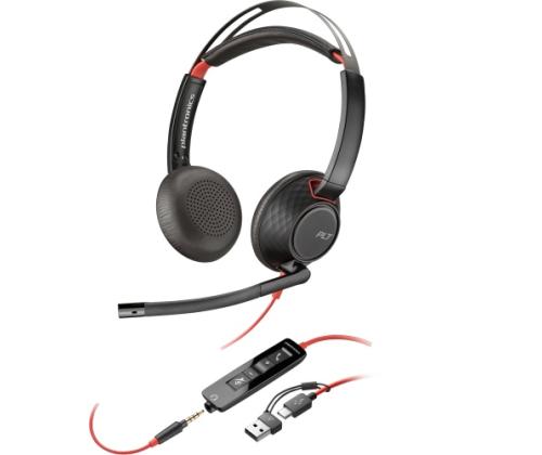 Poly Blackwire 5220 Stereo Wired Headset, USB-C, 3.5mm, USB-C/A Adapter, Black