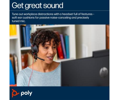 Poly Blackwire 5220 Stereo Wired Headset, USB-C, 3.5mm, USB-C/A Adapter, Black