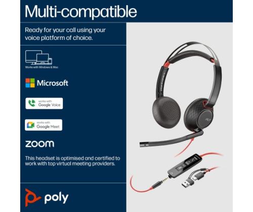 Poly Blackwire 5220 Stereo Wired Headset, USB-C, 3.5mm, USB-C/A Adapter, Black