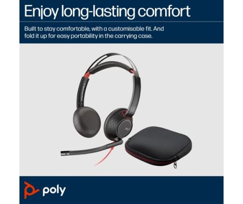 Poly Blackwire 5220 Stereo Wired Headset, USB-C, 3.5mm, USB-C/A Adapter, Black