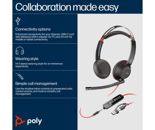 Poly Blackwire 5220 Stereo Wired Headset, USB-C, 3.5mm, USB-C/A Adapter, Black