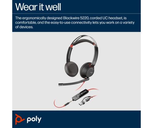 Poly Blackwire 5220 Stereo Wired Headset, USB-C, 3.5mm, USB-C/A Adapter, Black