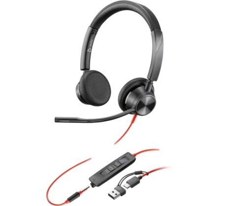 POLY Blackwire 3325 Stereo MS Teams Wired Headset, 3.5mm jack, USB-C/A Adapter, Black