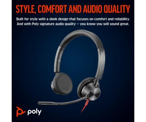 POLY Blackwire 3325 Stereo MS Teams Wired Headset, 3.5mm jack, USB-C/A Adapter, Black
