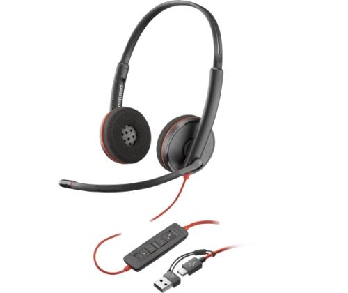 Poly Blackwire 3220 Stereo Wired Headset, USB-C, USB-C/A Adapter, Black
