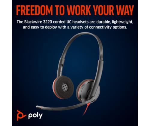 Poly Blackwire 3220 Stereo Wired Headset, USB-C, USB-C/A Adapter, Black