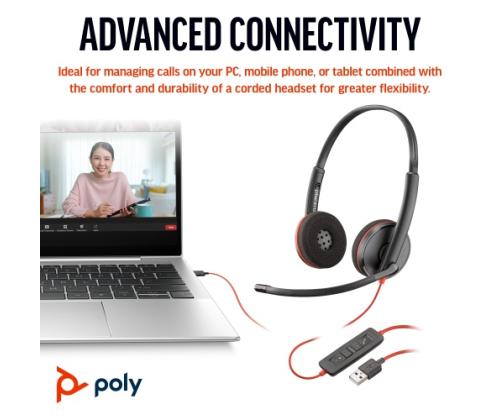 Poly Blackwire 3220 Stereo Wired Headset, USB-C, USB-C/A Adapter, Black