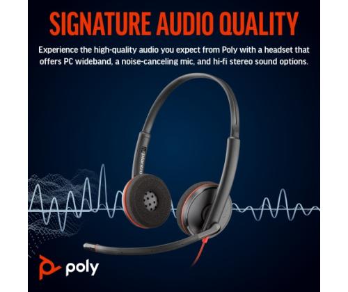 Poly Blackwire 3220 Stereo Wired Headset, USB-C, USB-C/A Adapter, Black