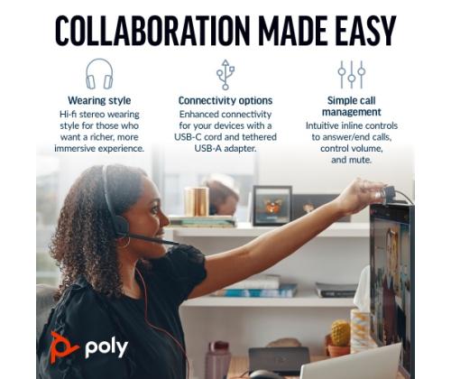 Poly Blackwire 3220 Stereo Wired Headset, USB-C, USB-C/A Adapter, Black